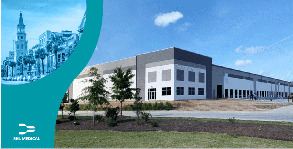 Rendering of SHL Medical's manufacturing plant exterior, with an inset view of Charleston